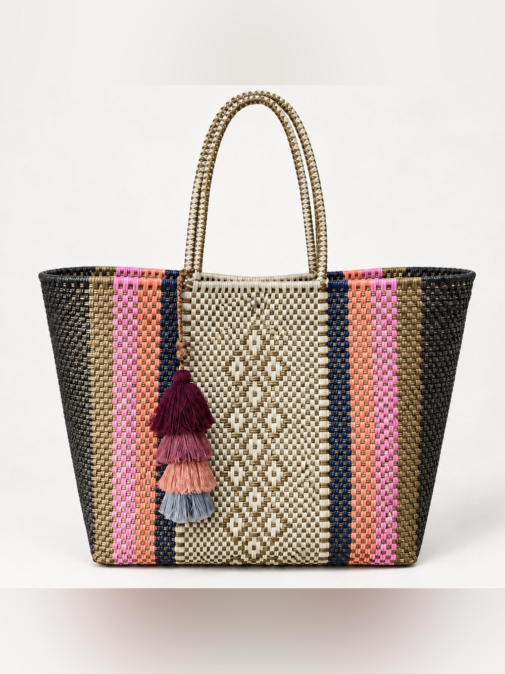 XL Black Pink Striped Woven Mexican Beach Tote Gym Bag Yoga Bag Travel Bag